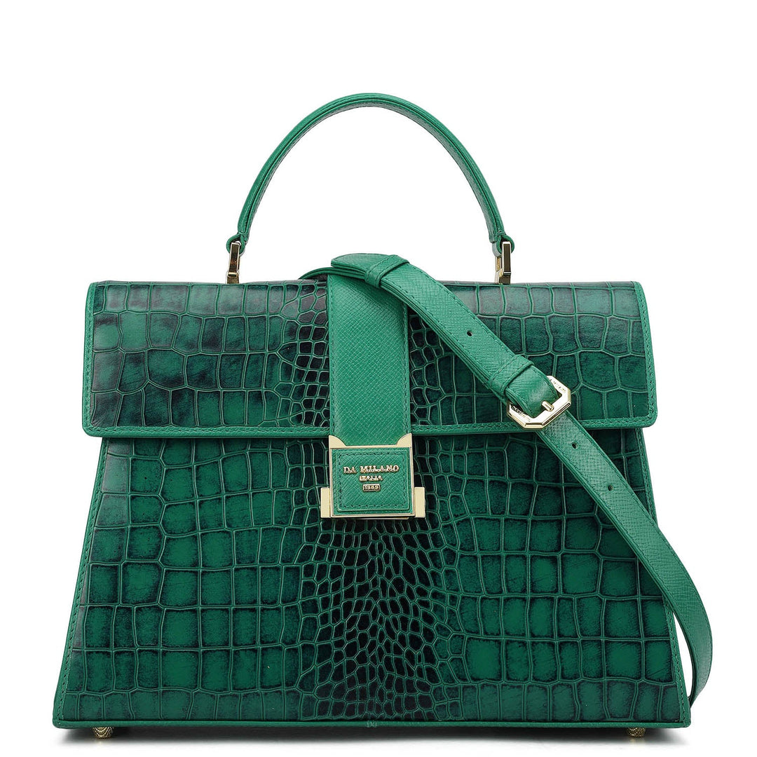 Medium Croco Leather Satchel - Emerald Green