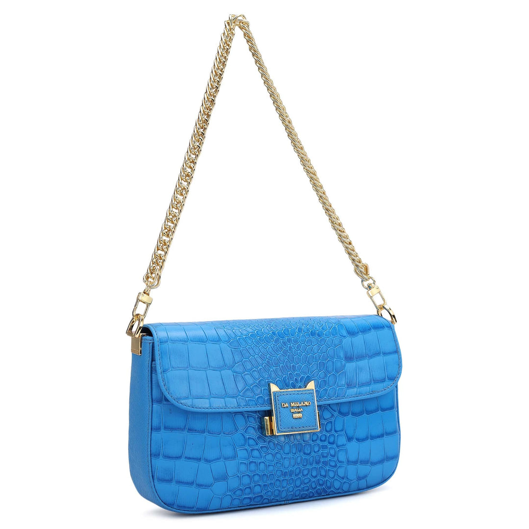 Small Croco Leather Shoulder Bag - Blue