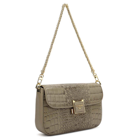 Small Croco Leather Shoulder Bag - Stone Grey