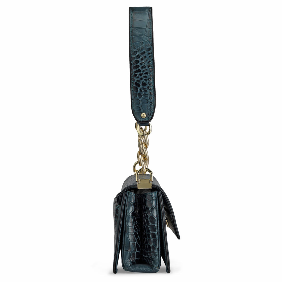 Small Croco Leather Shoulder Bag - Ocean