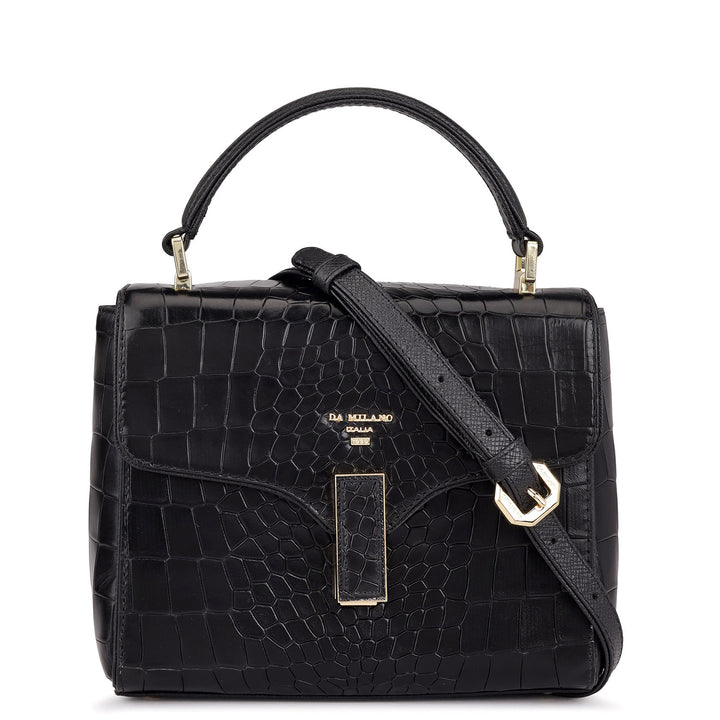 Small Croco Leather Satchel - Black