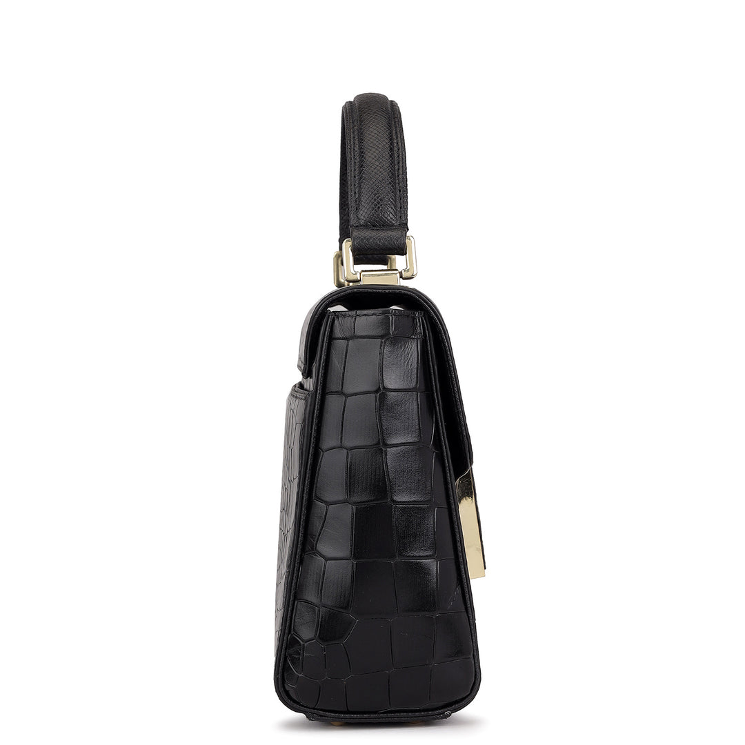Small Croco Leather Satchel - Black