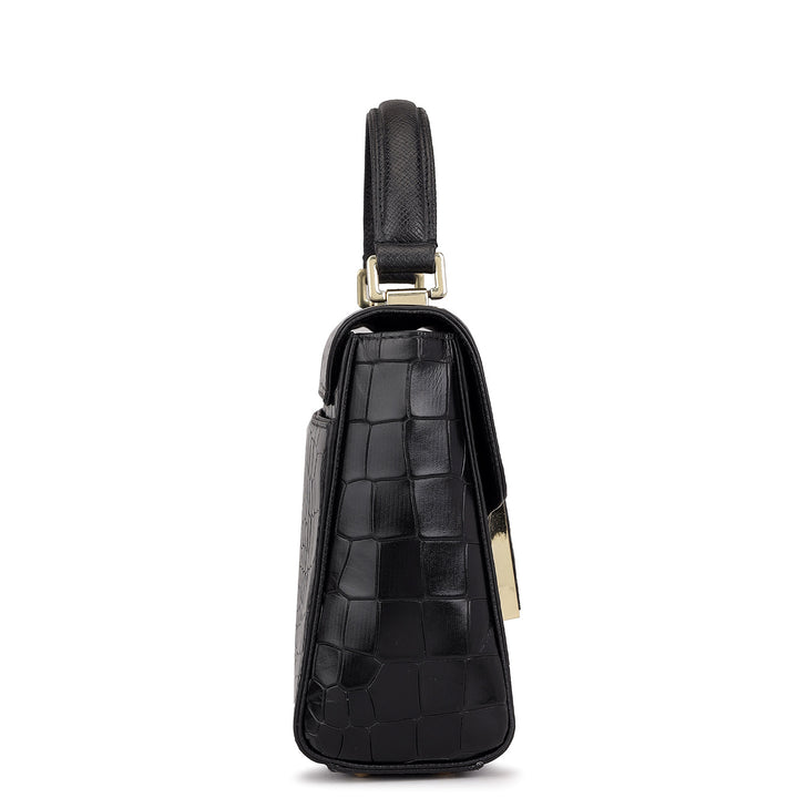 Small Croco Leather Satchel - Black