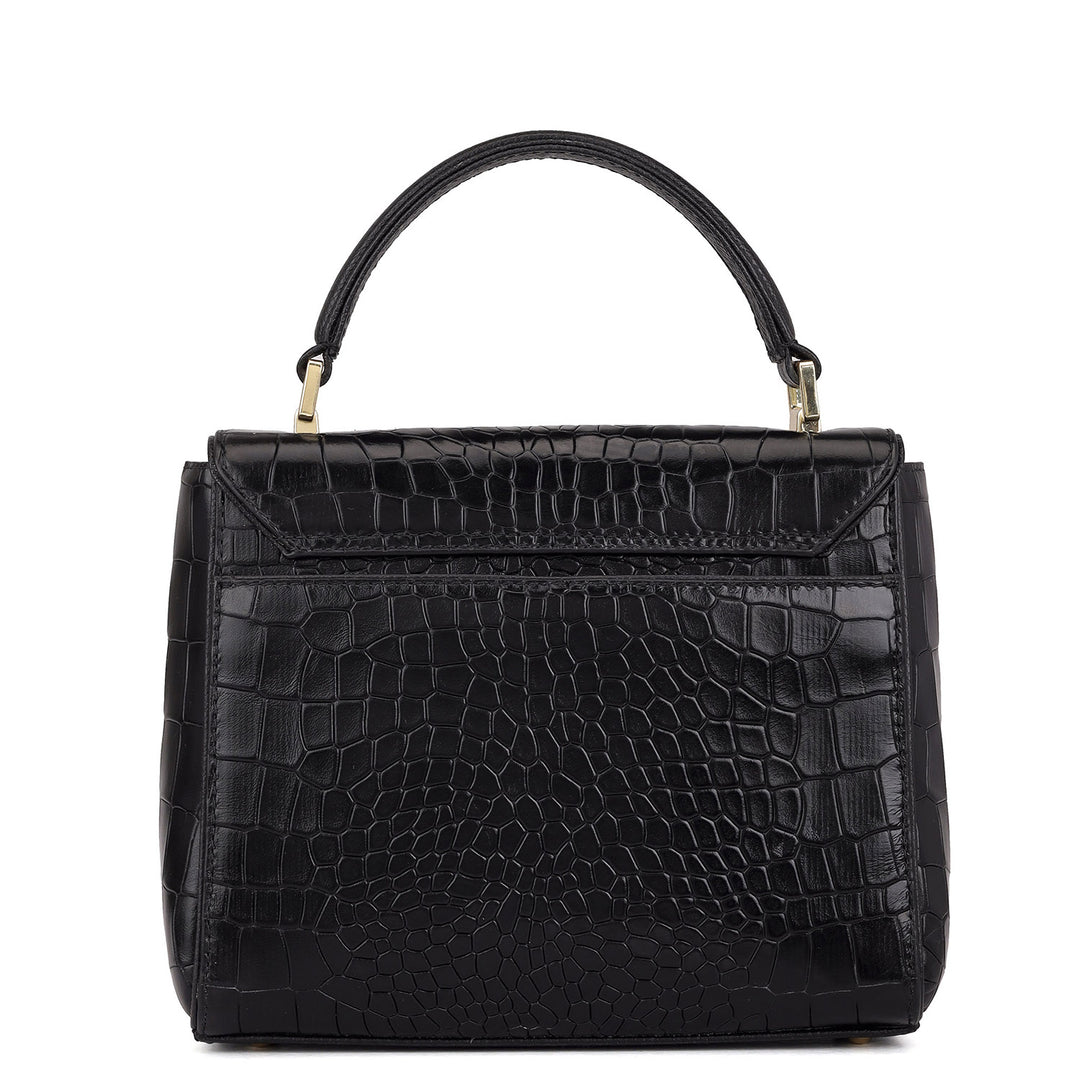 Small Croco Leather Satchel - Black