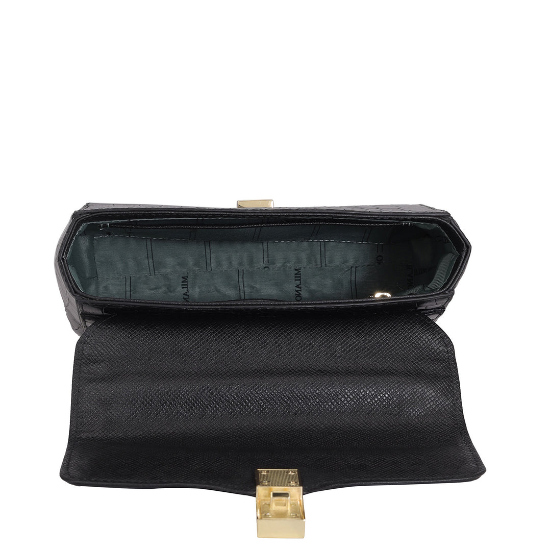 Small Croco Leather Satchel - Black