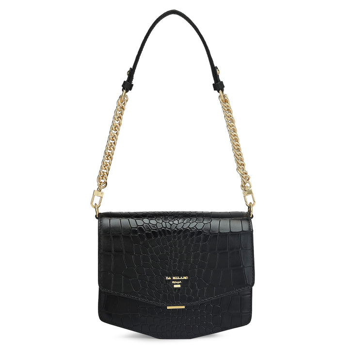 Small Croco Leather Shoulder Bag - Black