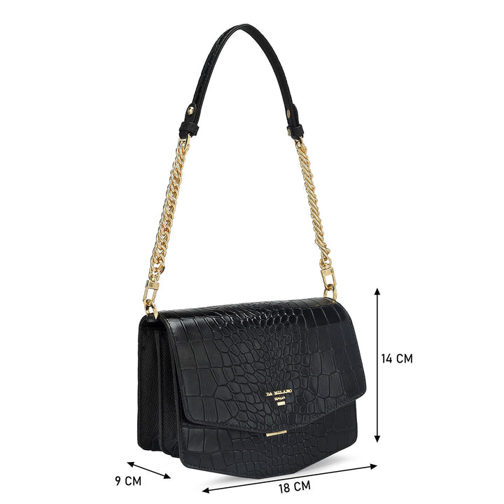 Small Croco Leather Shoulder Bag - Black
