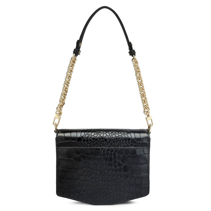 Small Croco Leather Shoulder Bag - Black