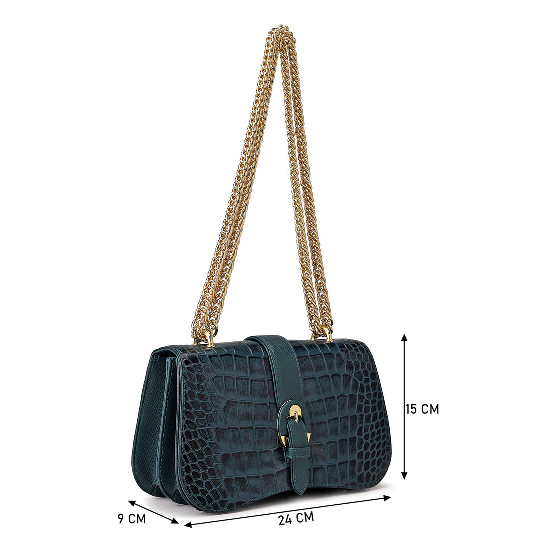 Small Croco Leather Shoulder Bag - Ocean