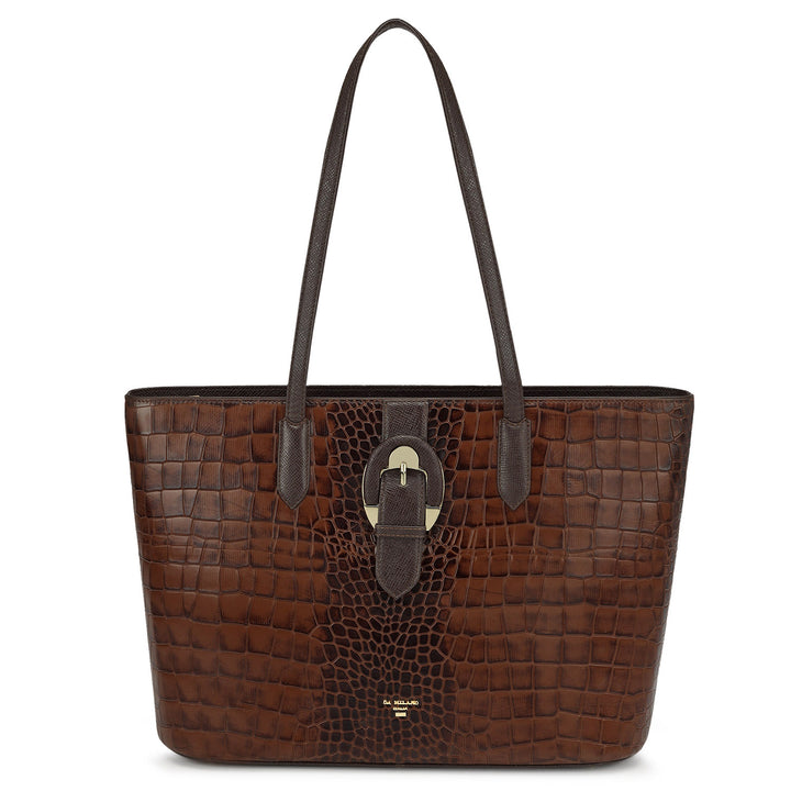 Large Croco Leather Tote - Brown