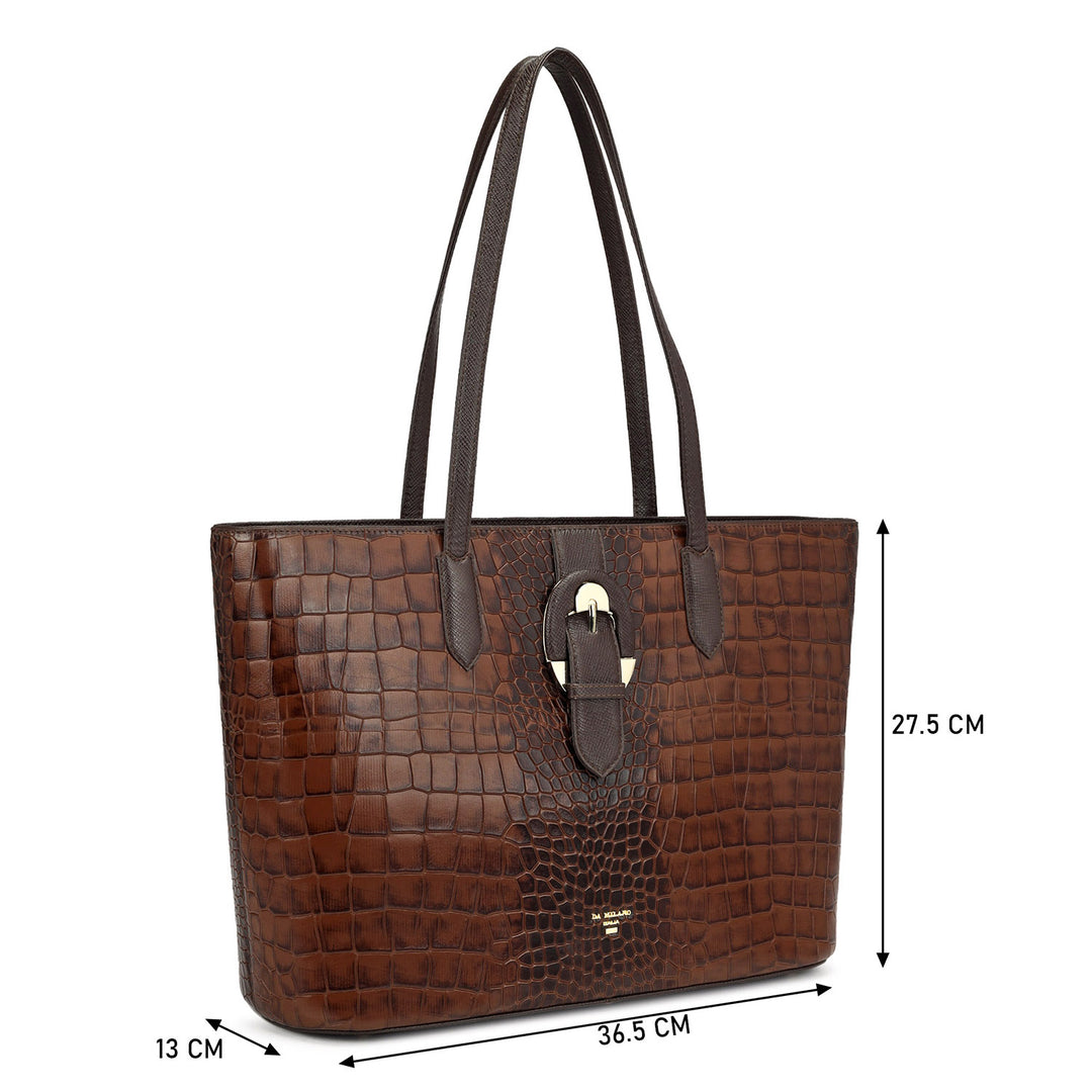 Large Croco Leather Tote - Brown