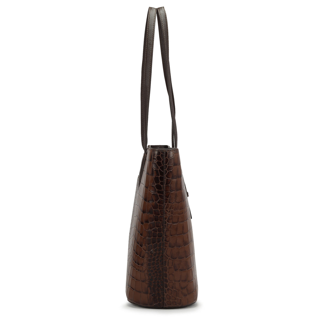 Large Croco Leather Tote - Brown