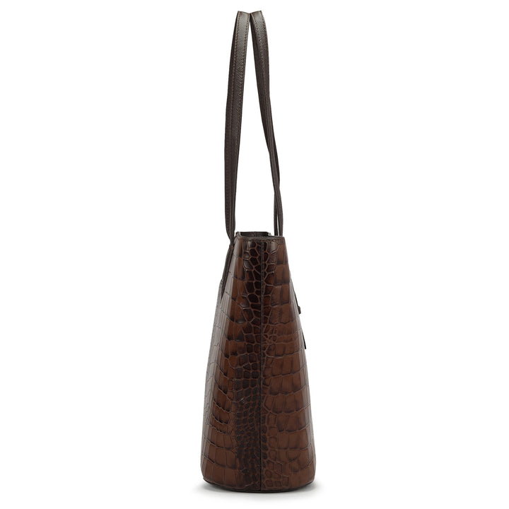 Large Croco Leather Tote - Brown