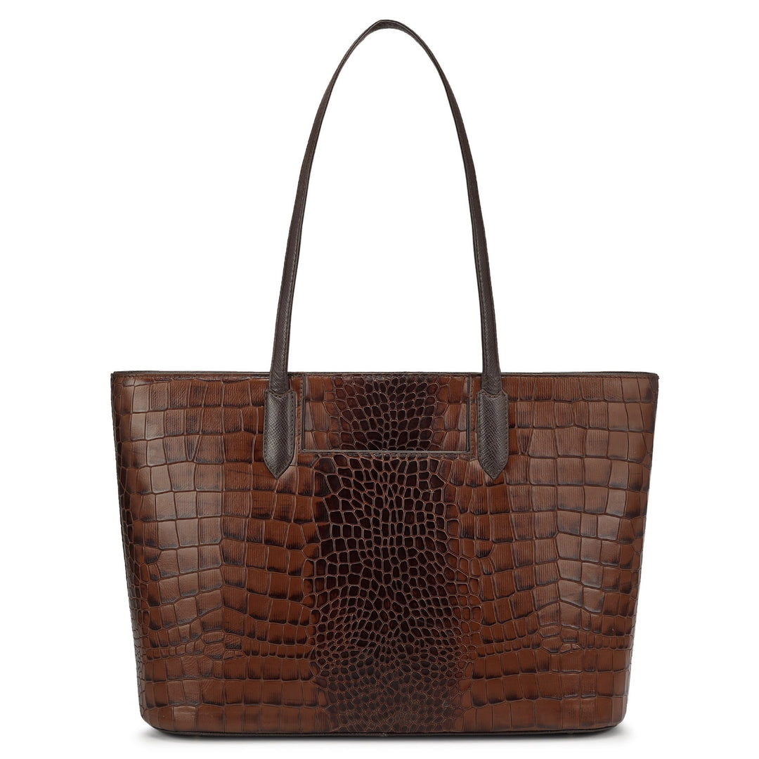 Large Croco Leather Tote - Brown