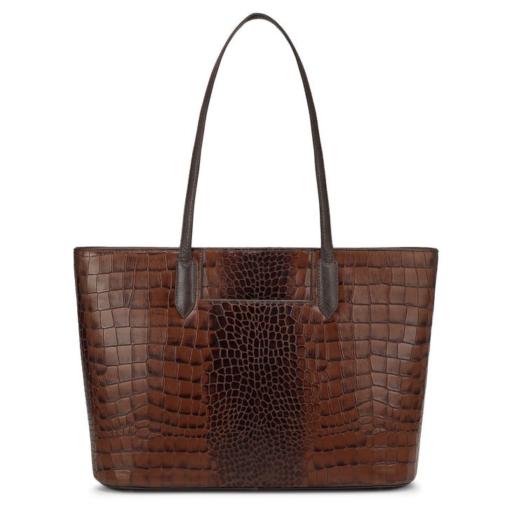 Large Croco Leather Tote - Brown