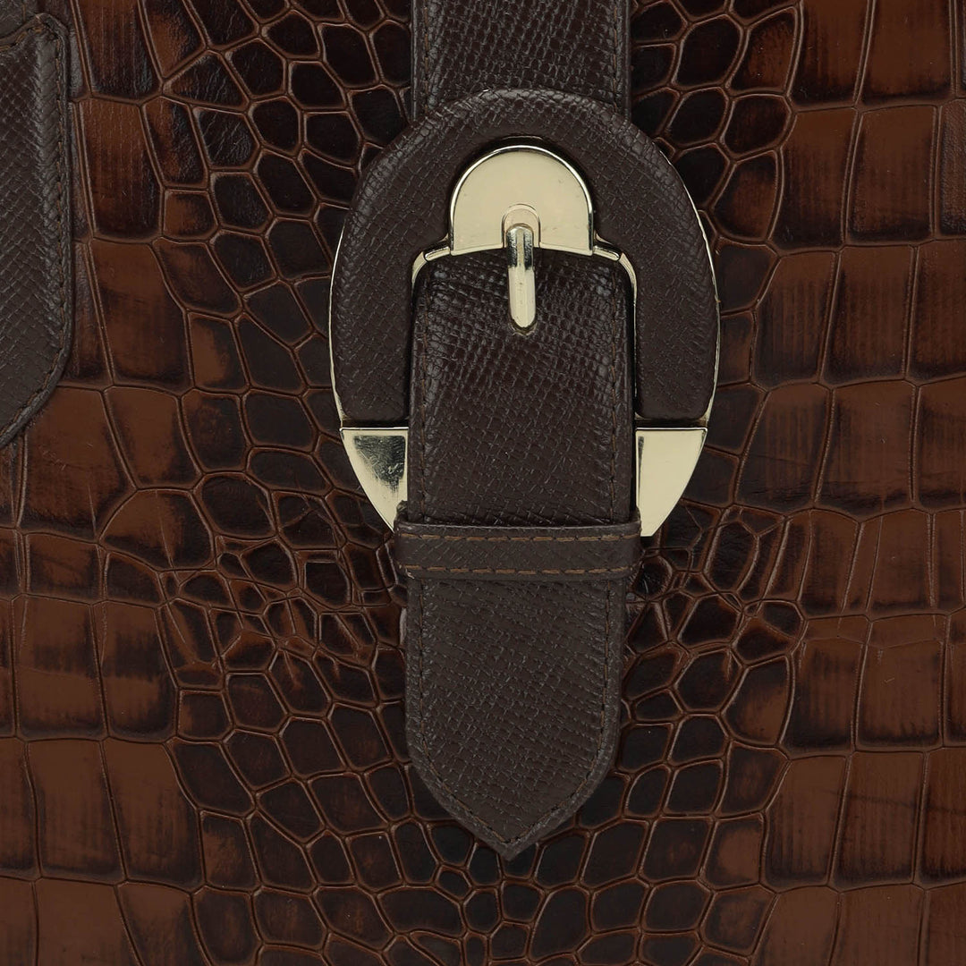 Large Croco Leather Tote - Brown
