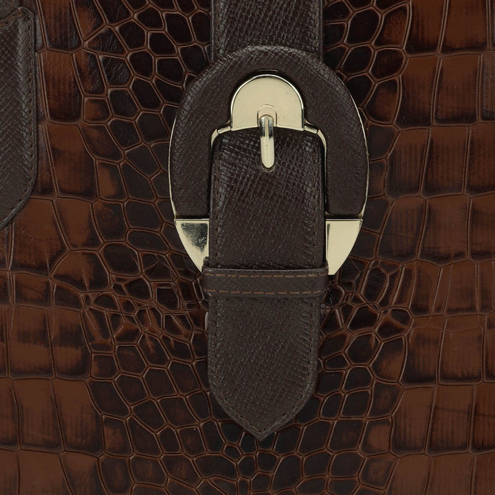Large Croco Leather Tote - Brown
