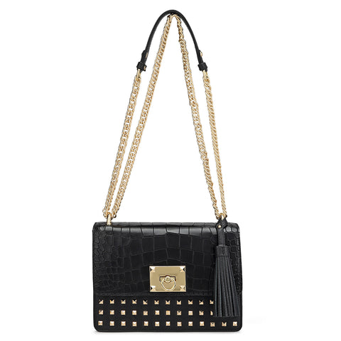 Small Croco Franzy Leather Shoulder Bag - Black