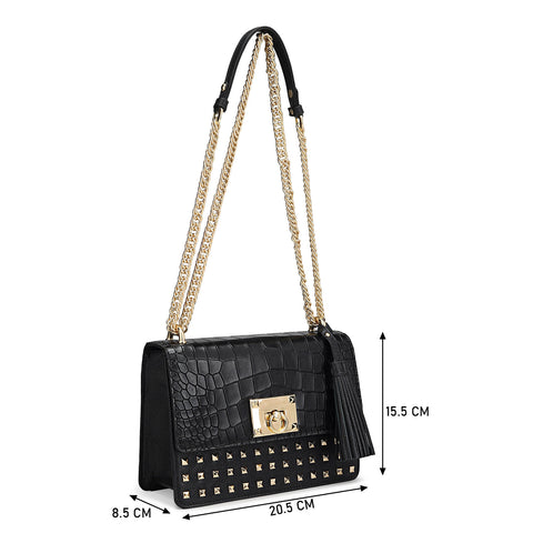 Small Croco Franzy Leather Shoulder Bag - Black