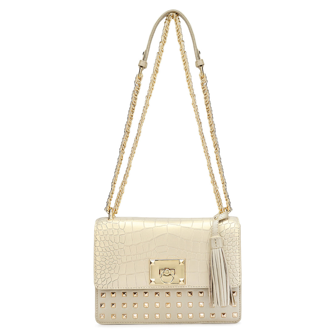 Small Croco Plain Leather Shoulder Bag - Gold