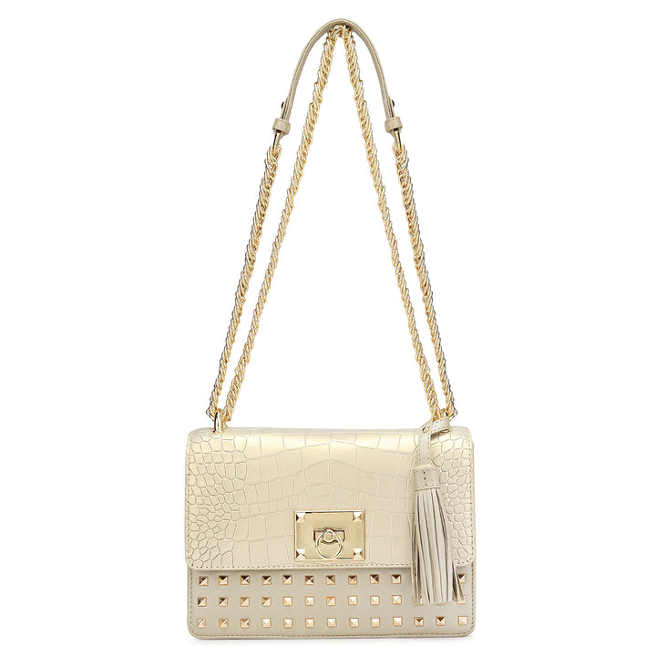 Small Croco Plain Leather Shoulder Bag - Gold