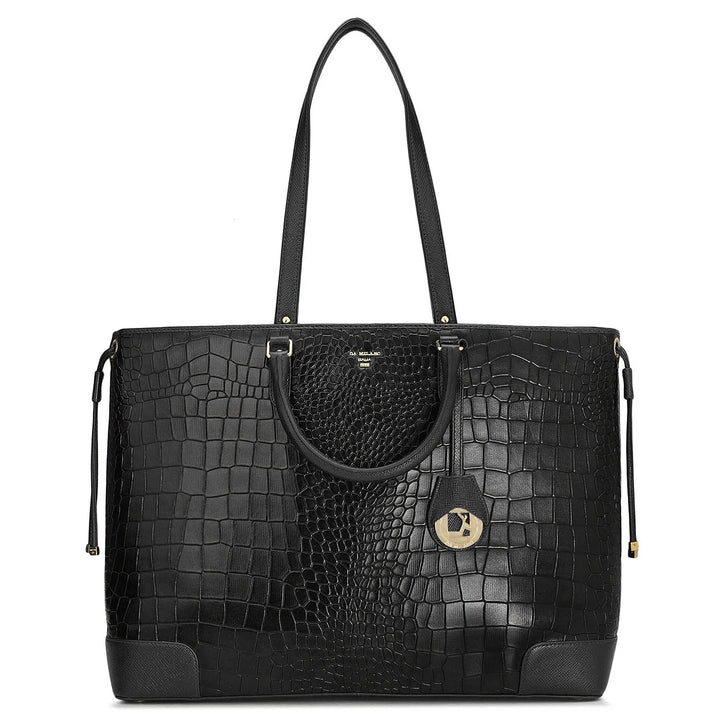 Large Croco Leather Tote - Black