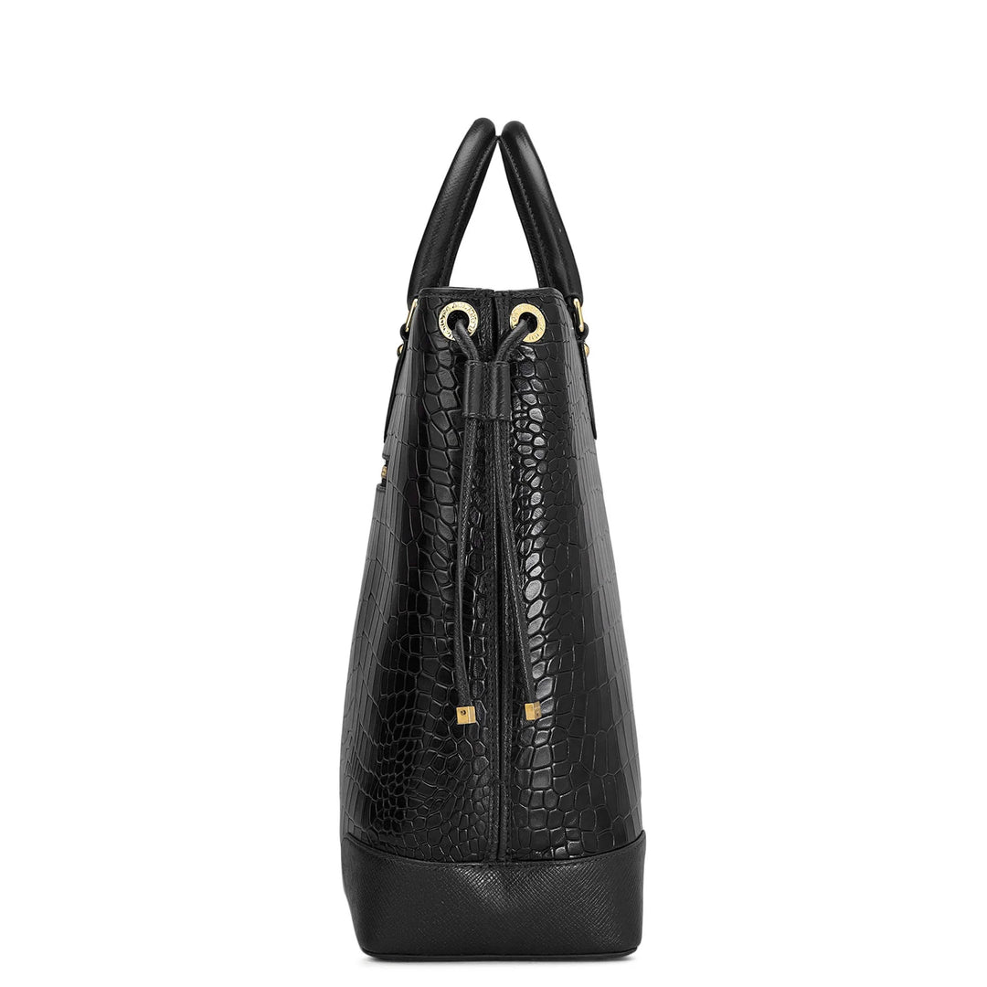 Large Croco Leather Tote - Black