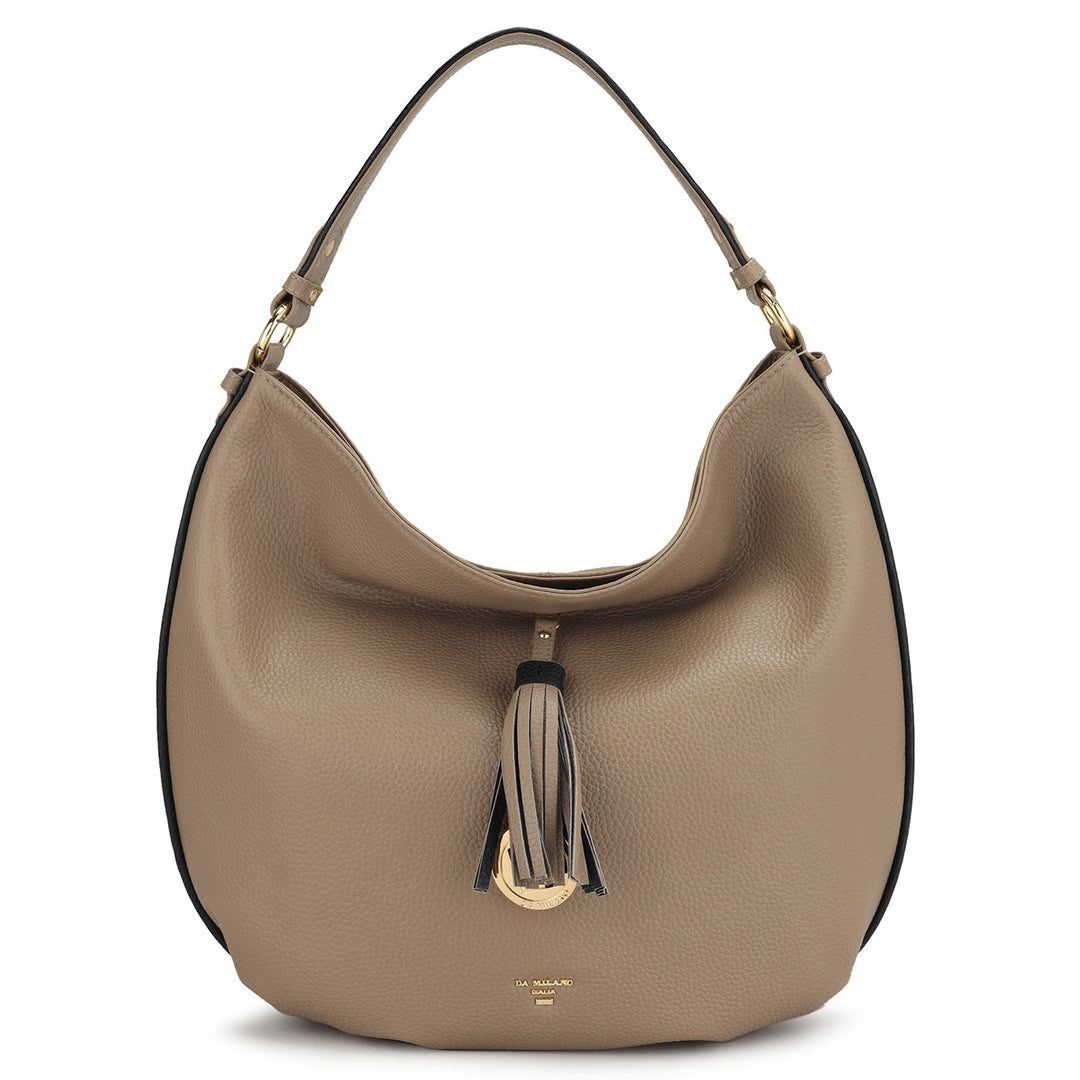 Medium Wax Leather Hobo Bag - Greyish Taupe