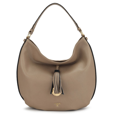 Medium Wax Leather Hobo Bag - Greyish Taupe