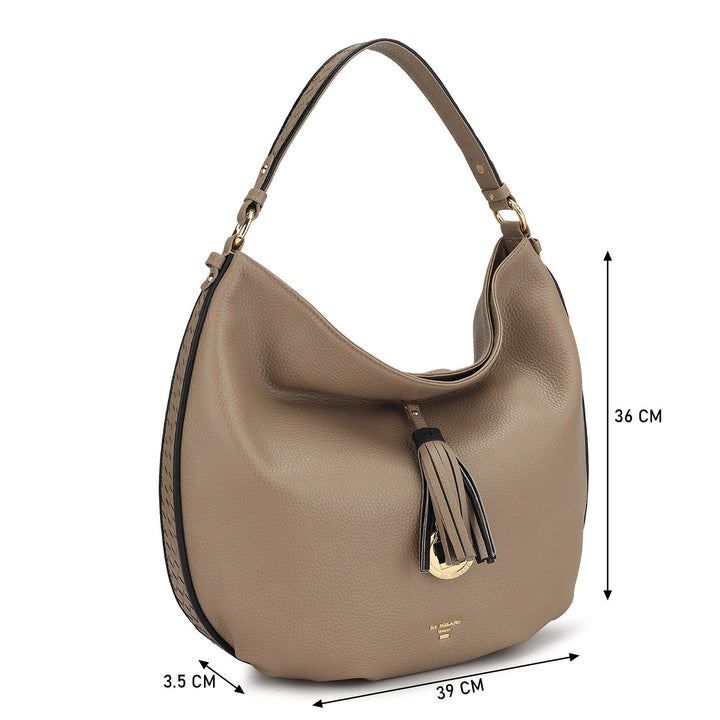 Medium Wax Leather Hobo Bag - Greyish Taupe