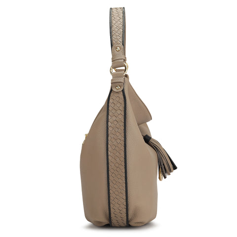 Medium Wax Leather Hobo Bag - Greyish Taupe