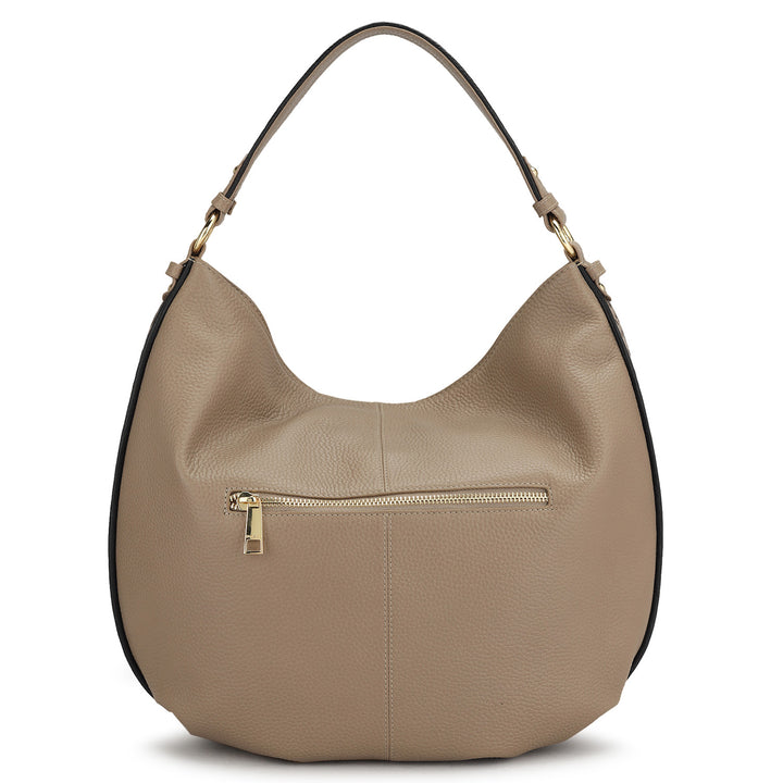 Medium Wax Leather Hobo Bag - Greyish Taupe