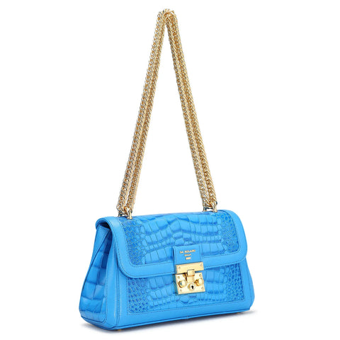 Small Croco Leather Shoulder Bag - Blue