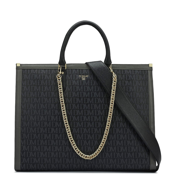 Large Monogram Leather Book Tote   - Black