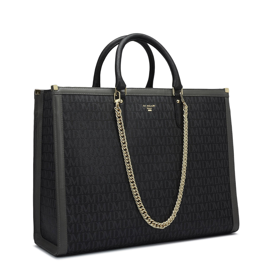 Large Monogram Leather Book Tote   - Black