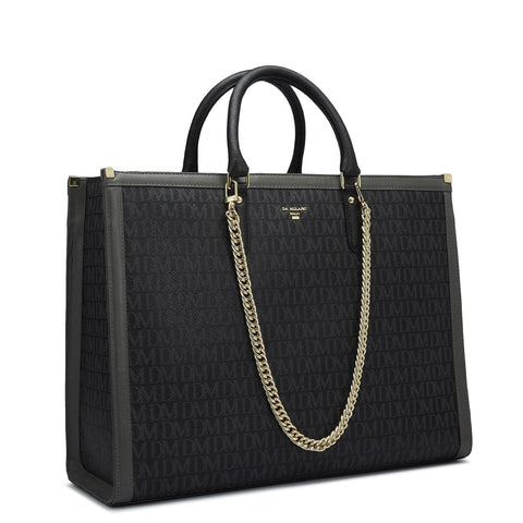 Large Monogram Leather Book Tote   - Black