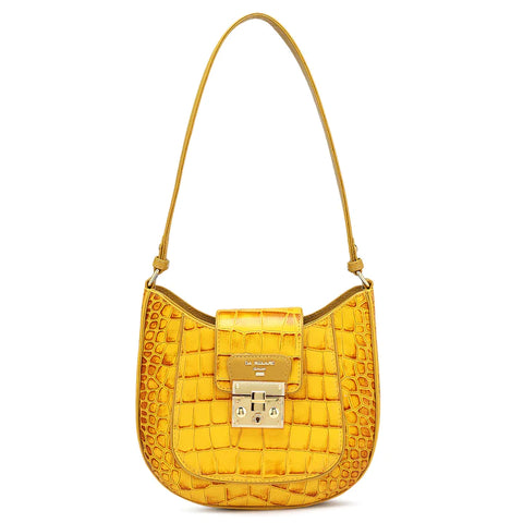 Small Croco Leather Baguette - Honey