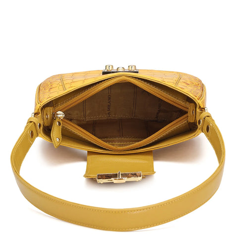 Small Croco Leather Baguette - Honey