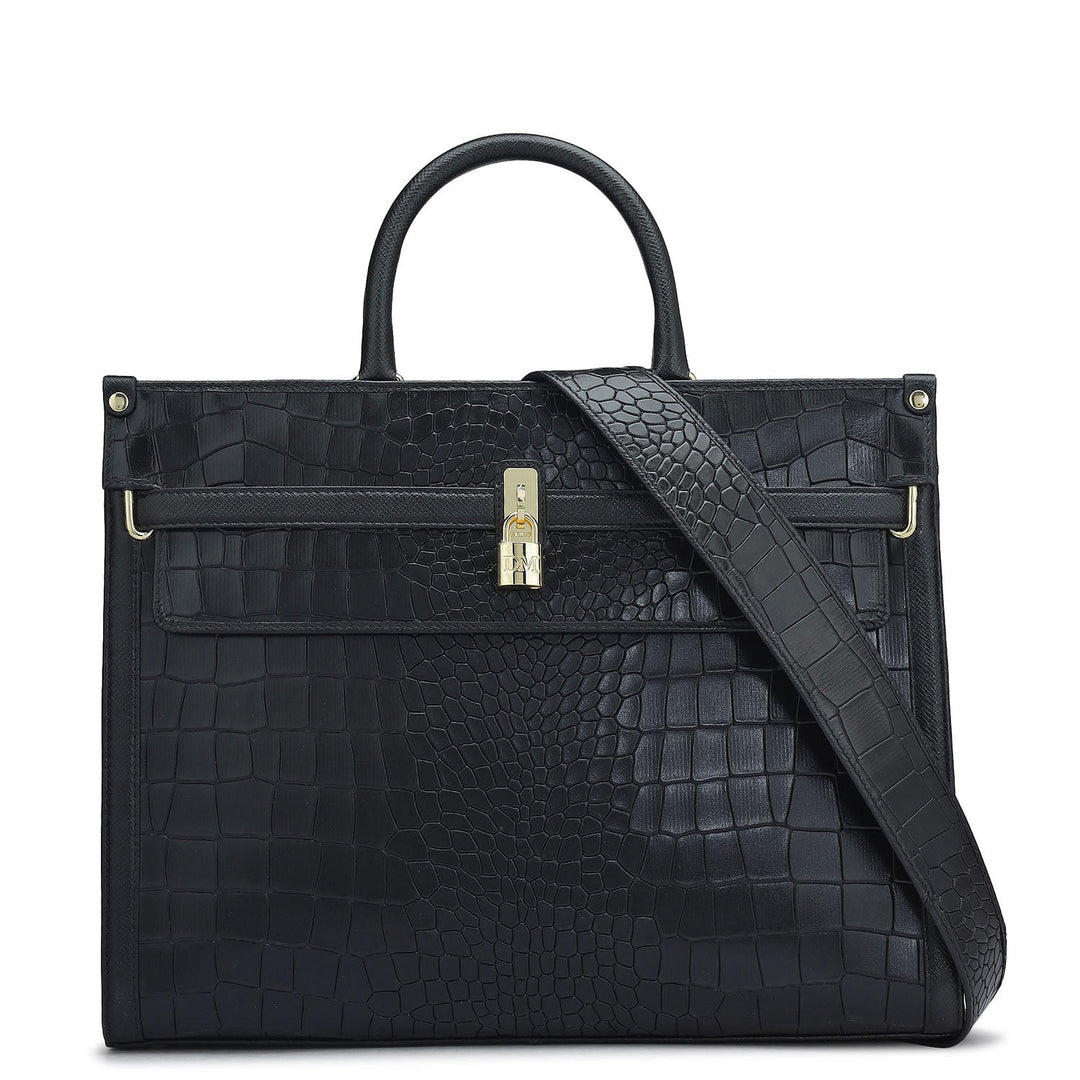 Medium Croco Leather Book Tote - Black