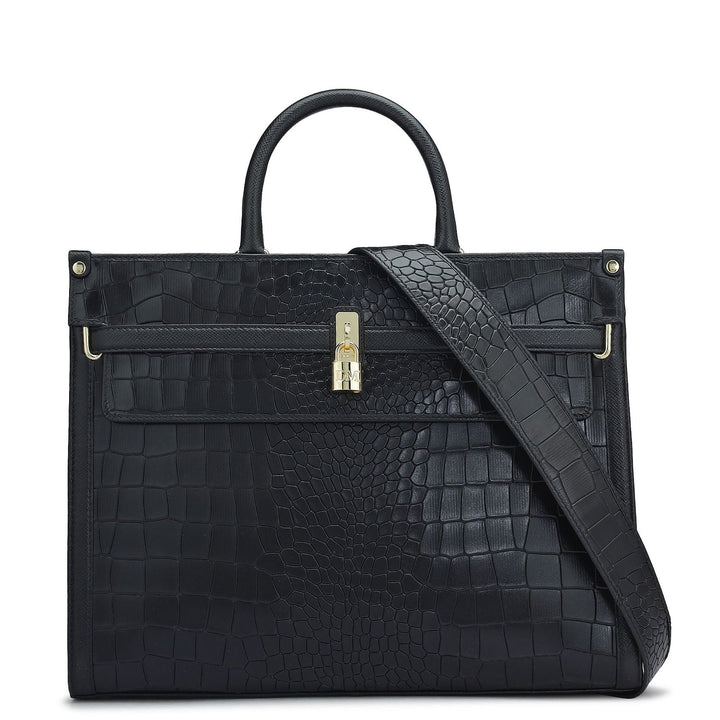 Medium Croco Leather Book Tote - Black