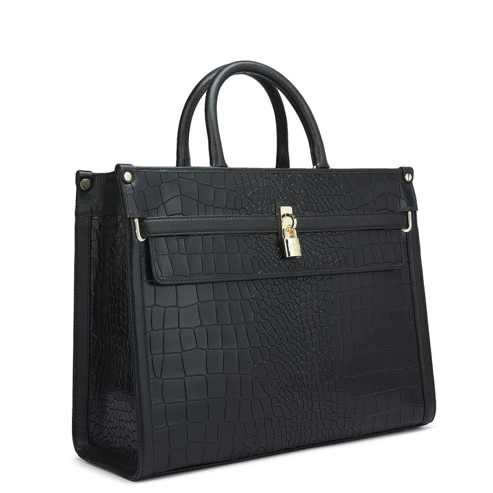 Medium Croco Leather Book Tote - Black