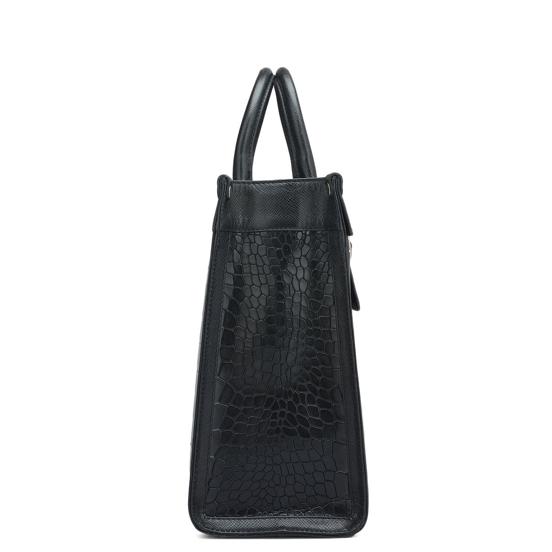 Medium Croco Leather Book Tote - Black