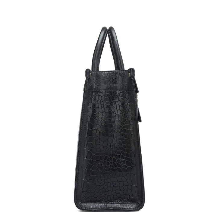 Medium Croco Leather Book Tote - Black