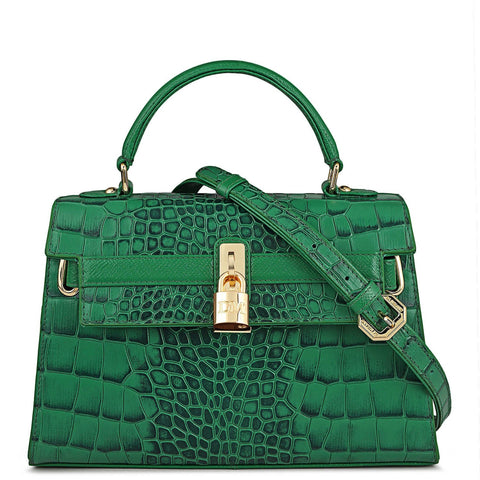 Small Croco Leather Satchel - Sea Weed