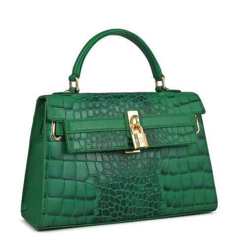 Small Croco Leather Satchel - Sea Weed