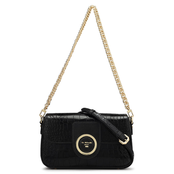 Small Croco Leather Shoulder Bag - Black