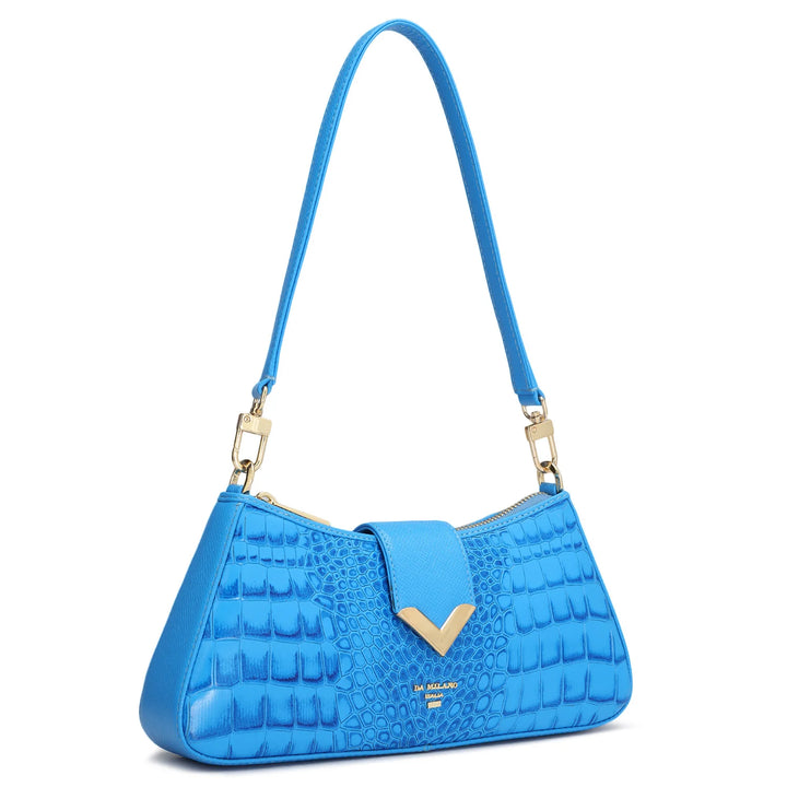 Small Croco Leather Baguette - Blue