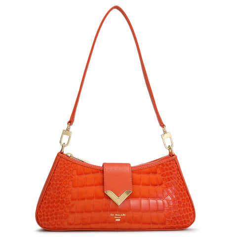 Small Croco Leather Baguette - Pumpkin