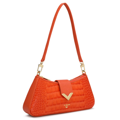 Small Croco Leather Baguette - Pumpkin