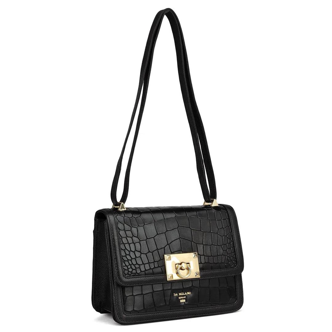 Small Croco Leather Shoulder Bag - Black